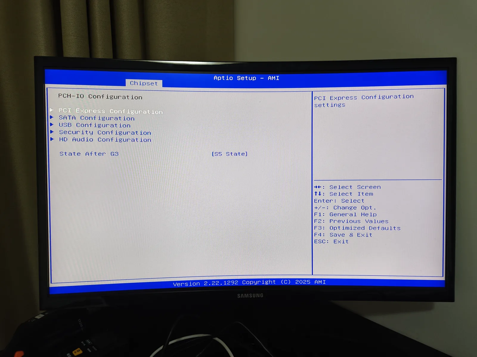 AMI BIOS Chipset PCH-IO Configuration page showing State After G3 set to S5 State