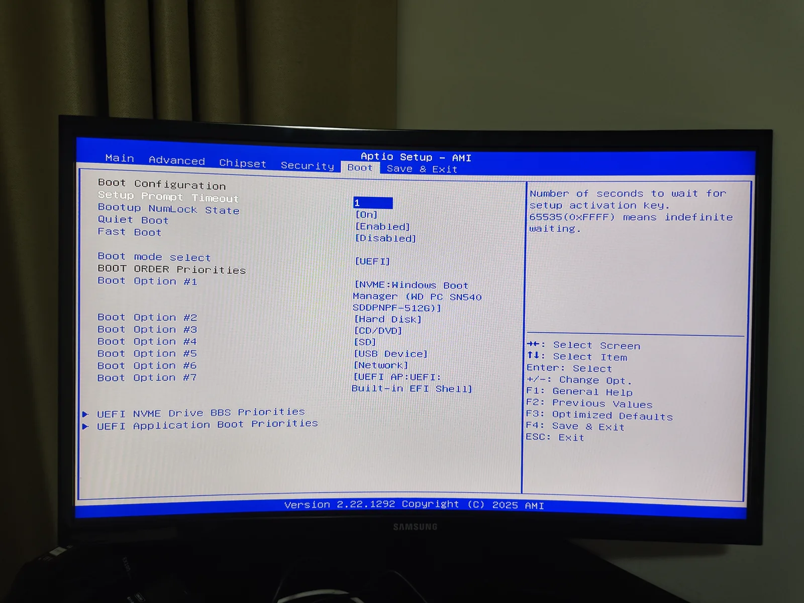 AMI BIOS main settings overview page showing firmware version and available configuration menus