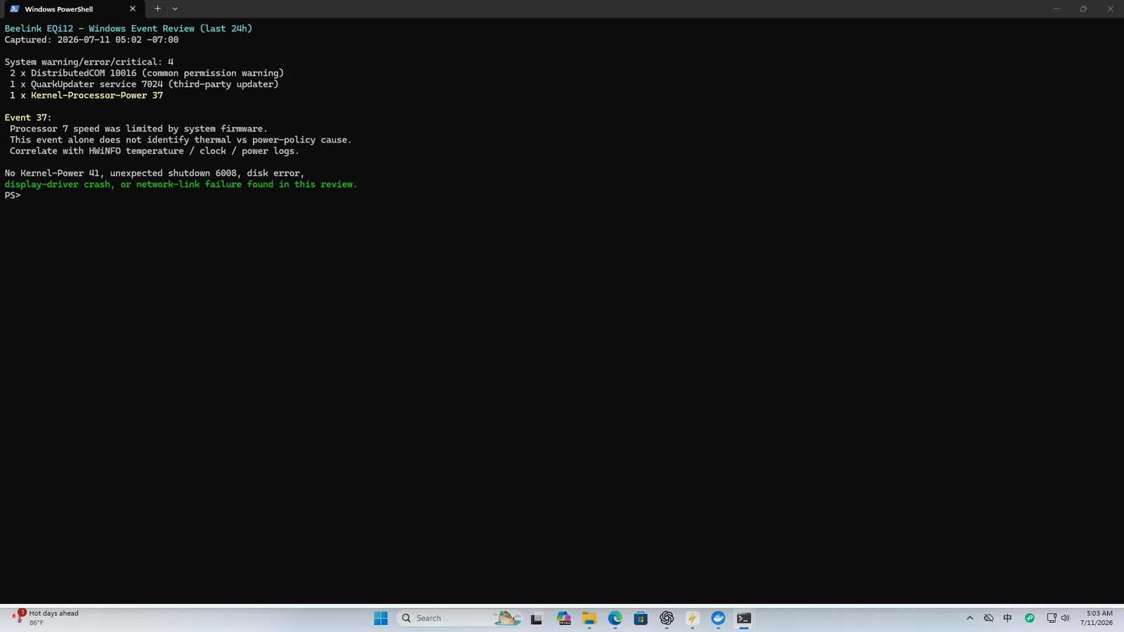 EQi12 monitored stability and Windows event summary